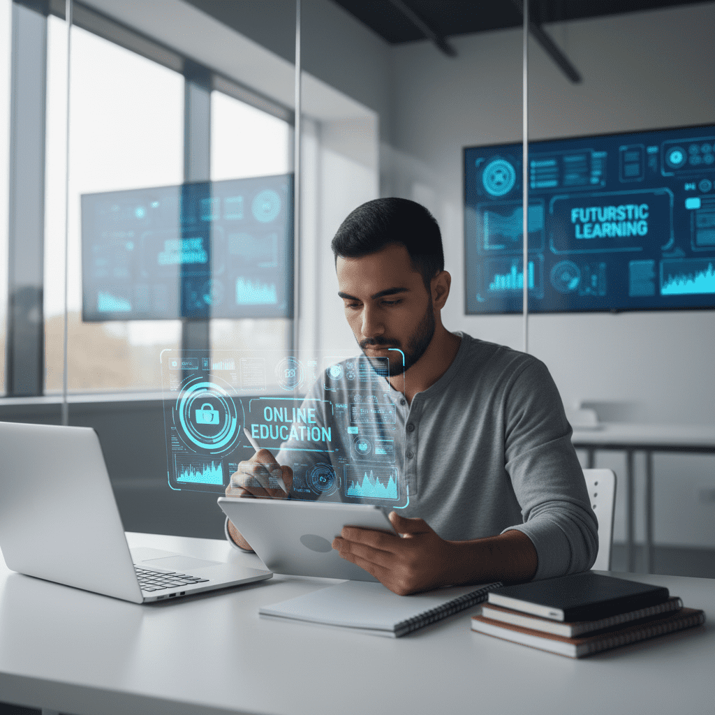  طالب يستخدم جهاز لوحي في بيئة تعليمية رقمية مستقبلية 