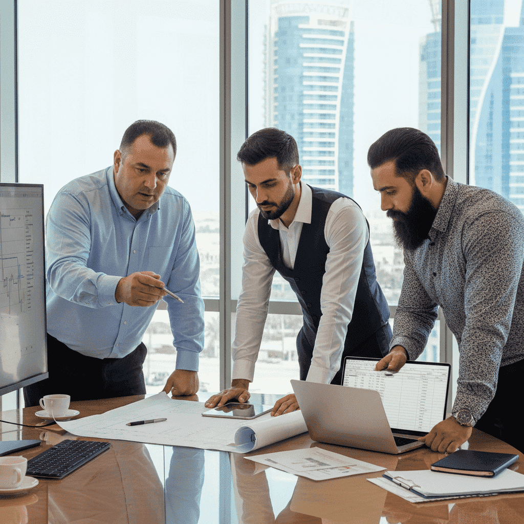  خبراء إدارة مشاريع يناقشون خططًا استراتيجية في بيئة عمل بالكويت 