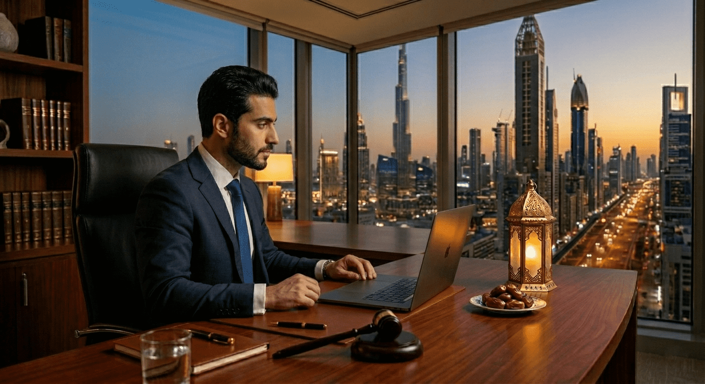  محترف قانوني يدرس ماجستير التحكيم التجاري أونلاين في مكتبه الفاخر خلال رمضان. 
